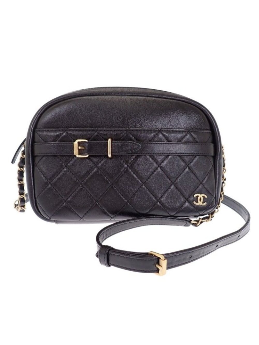 Chanel Camera Bag Lambskin Leather Quilted CC Logo Black Vintage Gold Mini Party